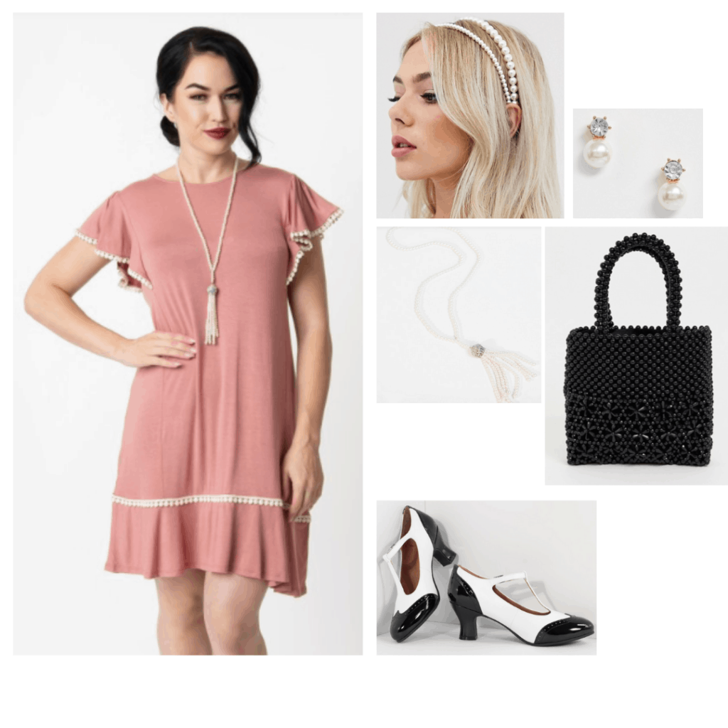 Downton Abbey movie fashion - 1920s inspired outfit with pink dress, saddle shoes, pearl jewelry and beaded bag