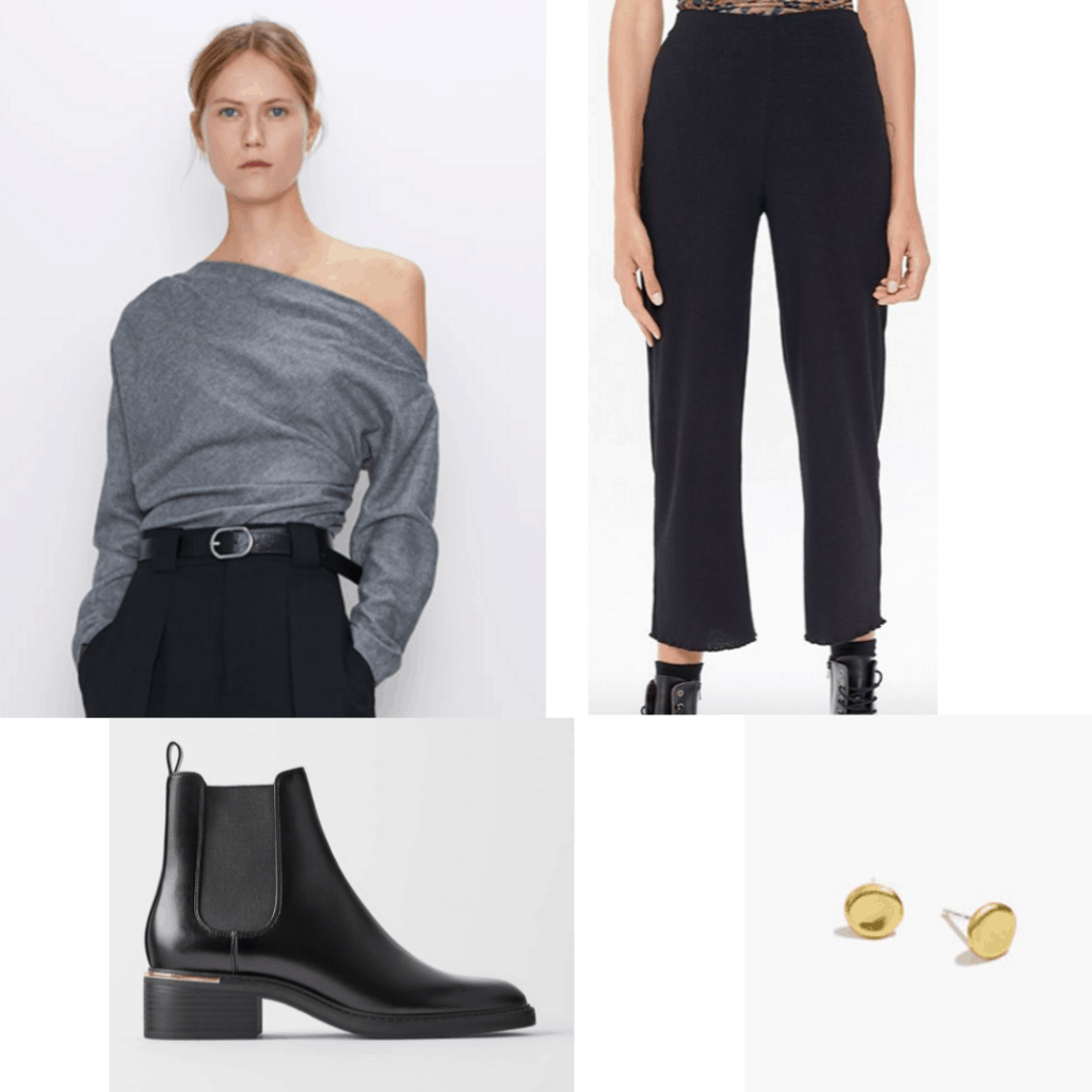 Outfit set with off the shoulder blouse, black trousers and black boots with gold earrings.