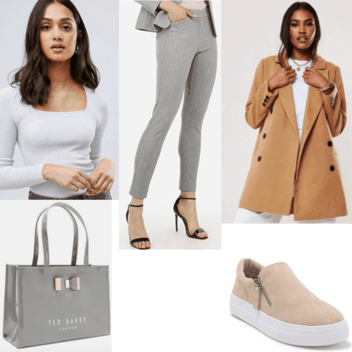 An outfit set full of light gray and camel colors with gray pants, camel coat, light cray top, light brown shoes, gray tote