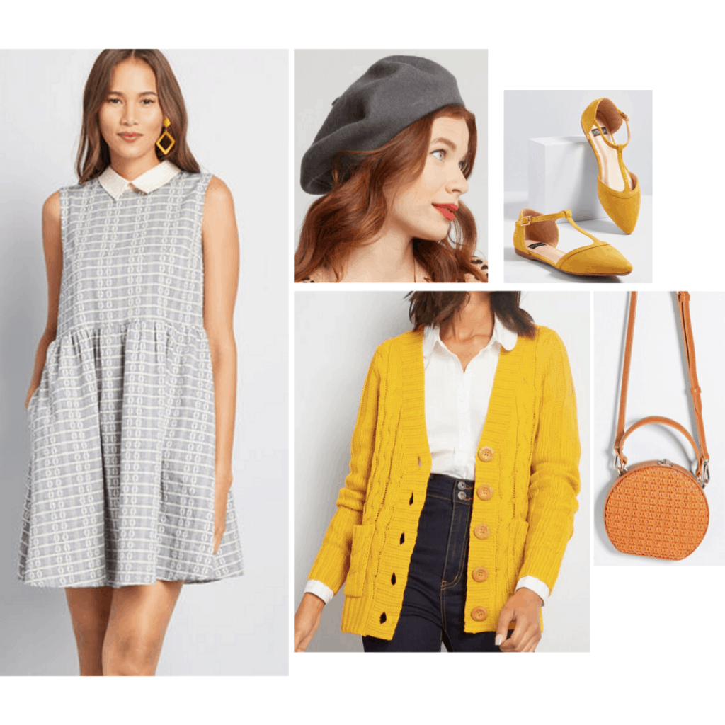 Rosemary's Baby fashion: Outfit inspired by Rosemary's style with patterned dress, yellow cardigan, flats, circle bag