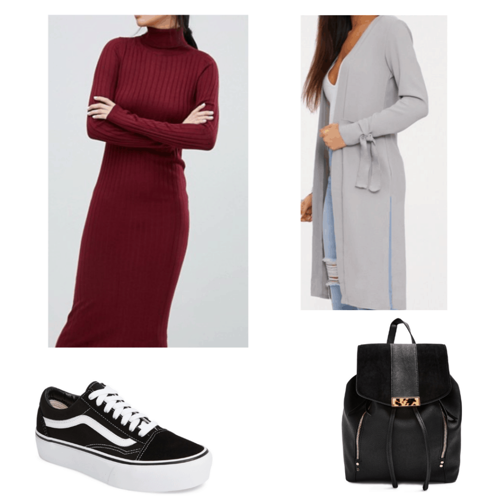 Fall internship outfits article casual -- long dress, duster cardigan, backpack, sneakers