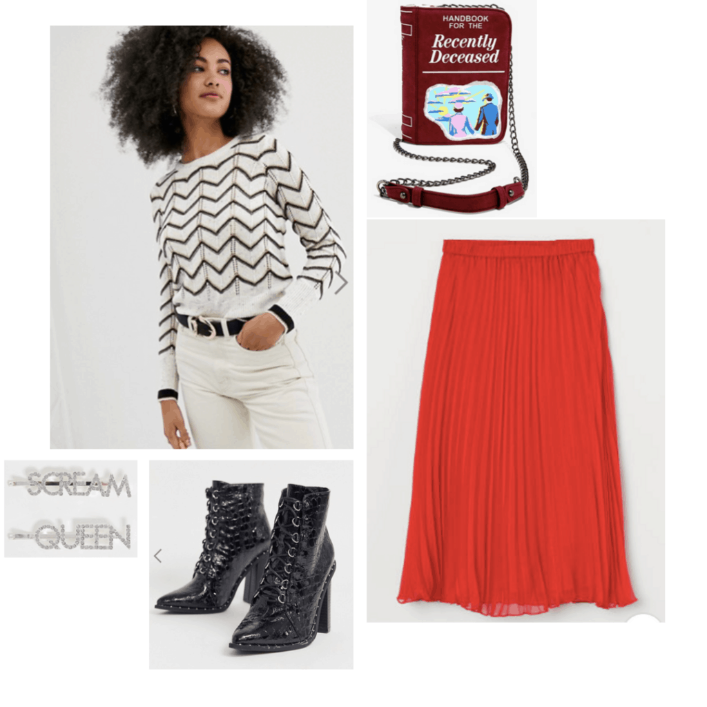 Outfit inspired by the movie Beetlejuice with chevron top, red skirt, lace-up booties, purse