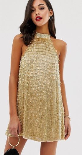 Gold high neck mini dress inspired by Lu from Elite