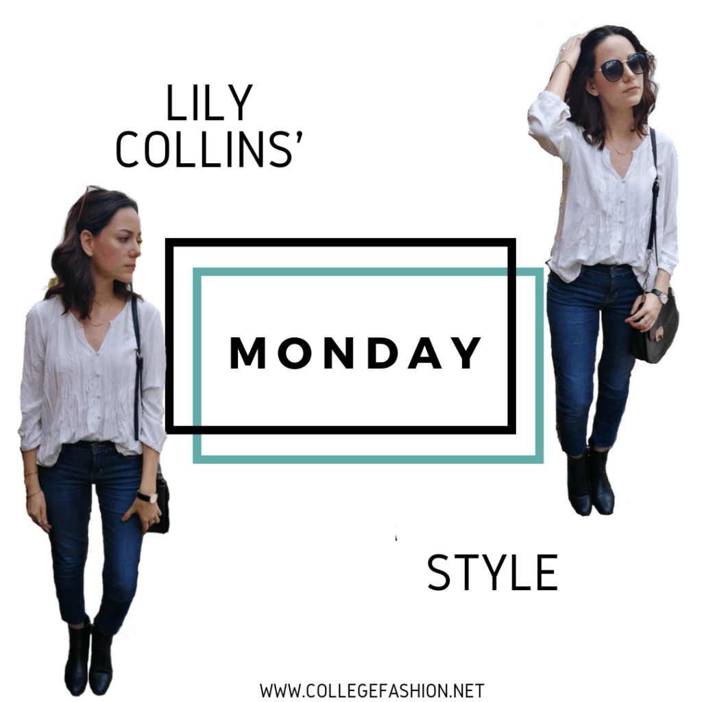 LILY COLLINS STYLE MONDAY: JEANS, WHITE SHIRT,  BLACK BOOTIES