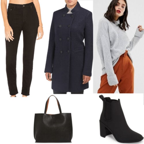 Mixing neutrals - An outfit set with black jeans, blue coat, light gray sweater, black shoes and bag. 