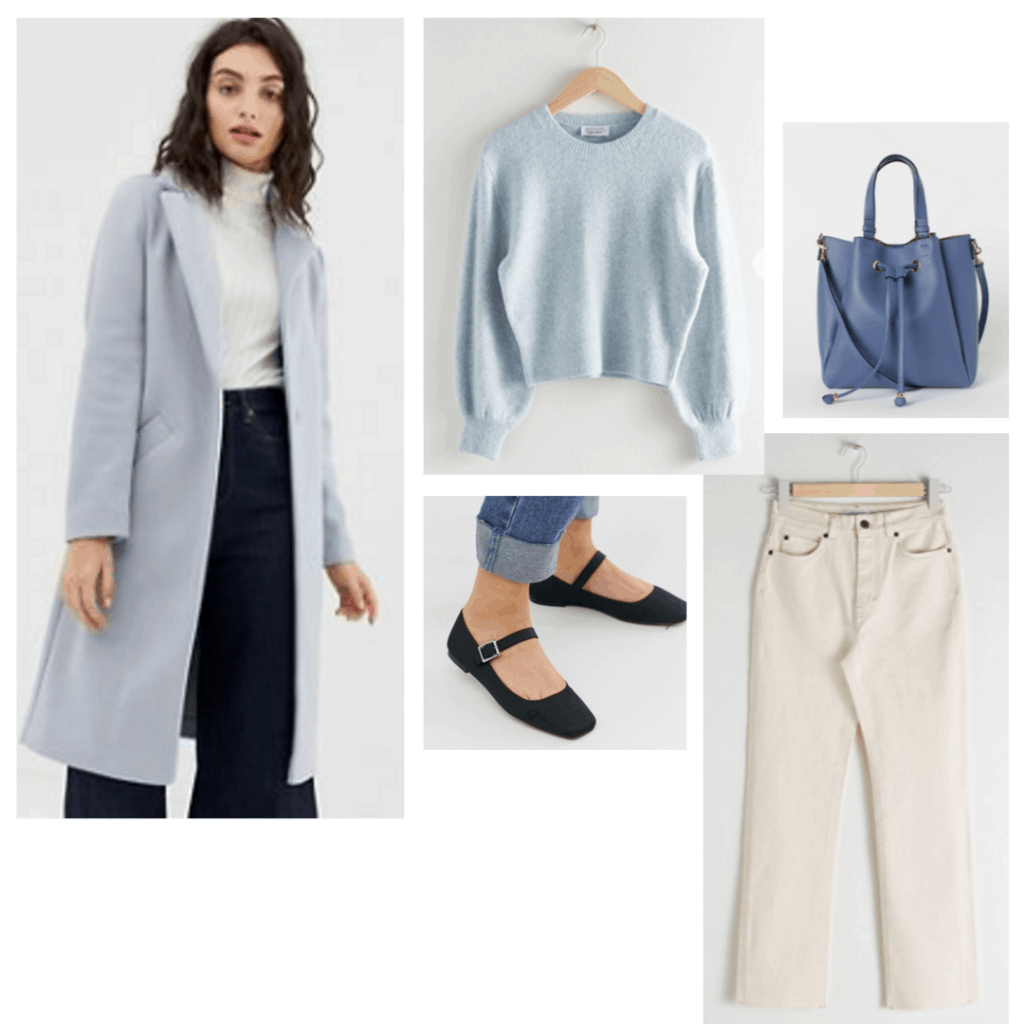 Rosemary's Baby fashion inspired outfit with blue sweater, light blue coat, beige pants, flats