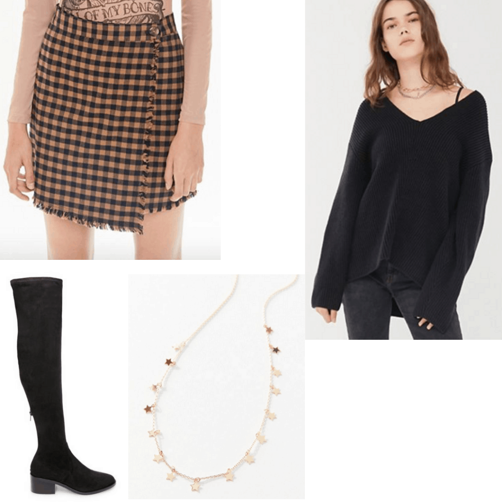 What to wear to meet with your advisor: Outfit set with plaid skirt, black sweater, black boots and gold necklace.