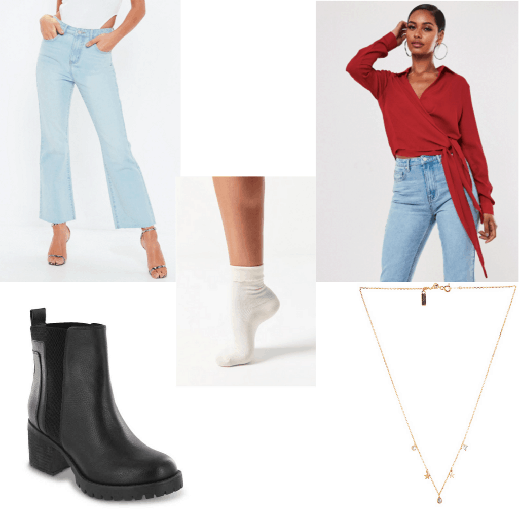 Outfit set with blue jeans, red wrap top, white socks, black boots and gold necklace. 