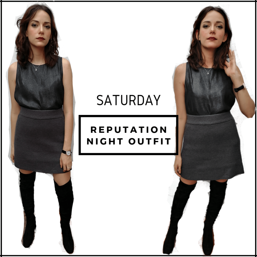 Taylor Swift Rep Night Look: metallic shirt, dark grey skirt, over the knee boots - Taylor Swift concert, tour outfit ideas