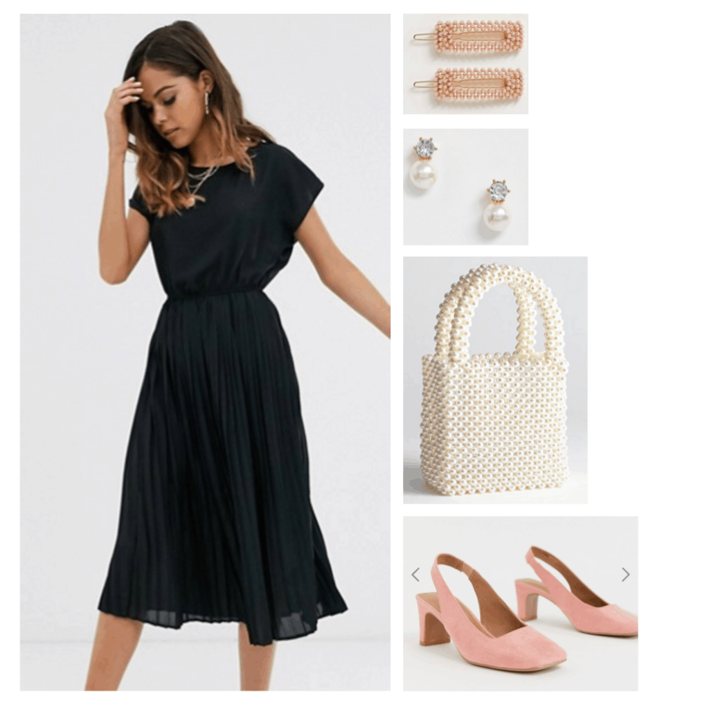 Outfit inspired by the movie Black Swan with black dress, pink shoes, pearl bag, pearl earrings