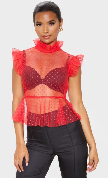 Red mesh lace top with peplum