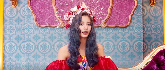 Twice Feel Special outfits - Tzuyu in flower crown and off the shoulder dress