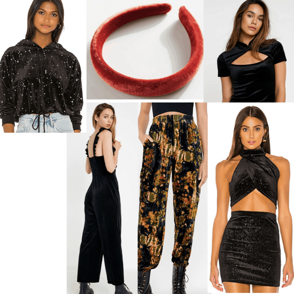 Various velvet items including a cropped sweatshirt, headband, cut open top, jumpsuit, pants and a mini skirt with crop top. 