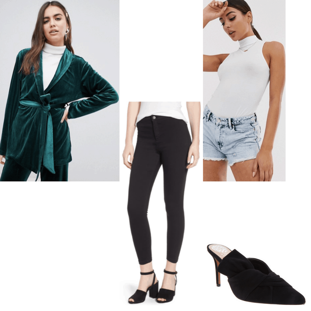 How to wear velvet: Outfit set with green velvet blazer, white turtle neck body suit, black jeans and black heels.