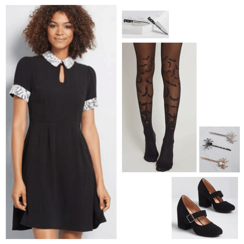 Outfit inspired by The Addams Family - white collar black dress, printed tights, knife earrings, mary jane shoes