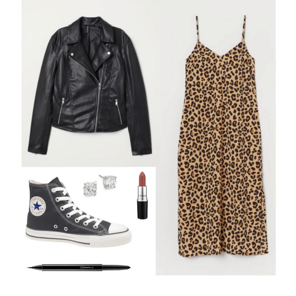 90s fashion: Outfit with leopard dress, eyeliner, black leather jacket