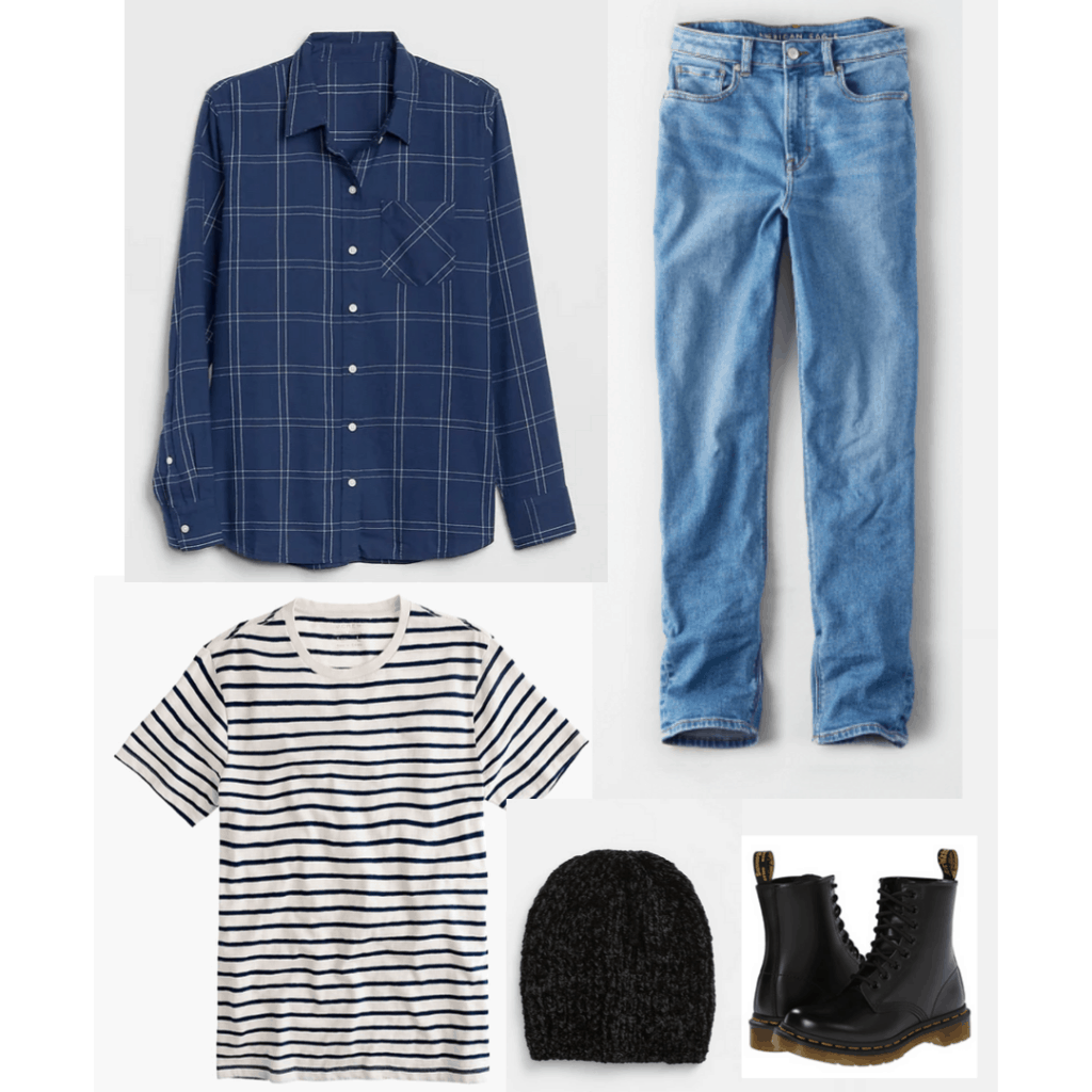 90s fashion: Outfit with striped tee, mom jeans, plaid shirt