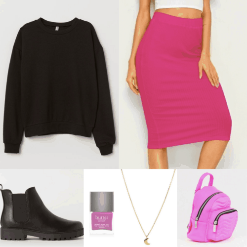 80s fashion outfit with neon pink skirt, black sweatshirt, ankle boots, mini backpack