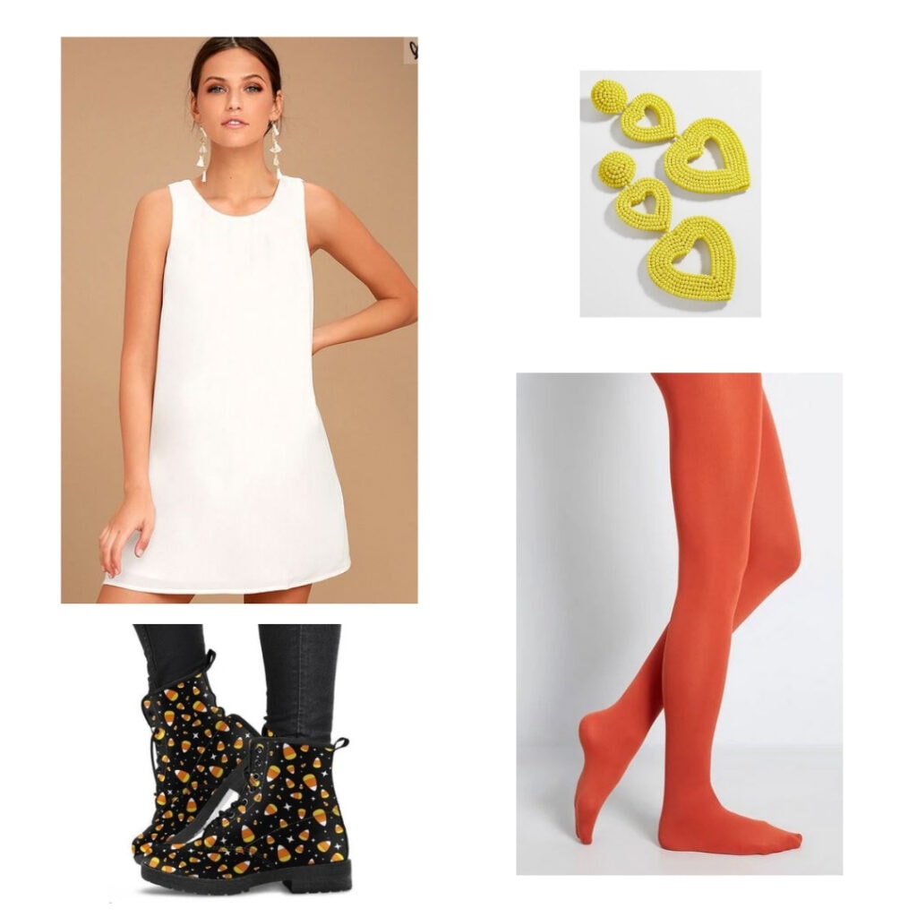 Candy corn outfit; white shift dress, yellow heart earrings, orange tights, candy corn pattern combat boots.