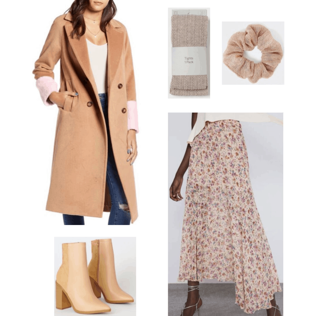 How not to wear jeans: Outfits without denim - floral skirt, ankle boots, scrunchie, coat