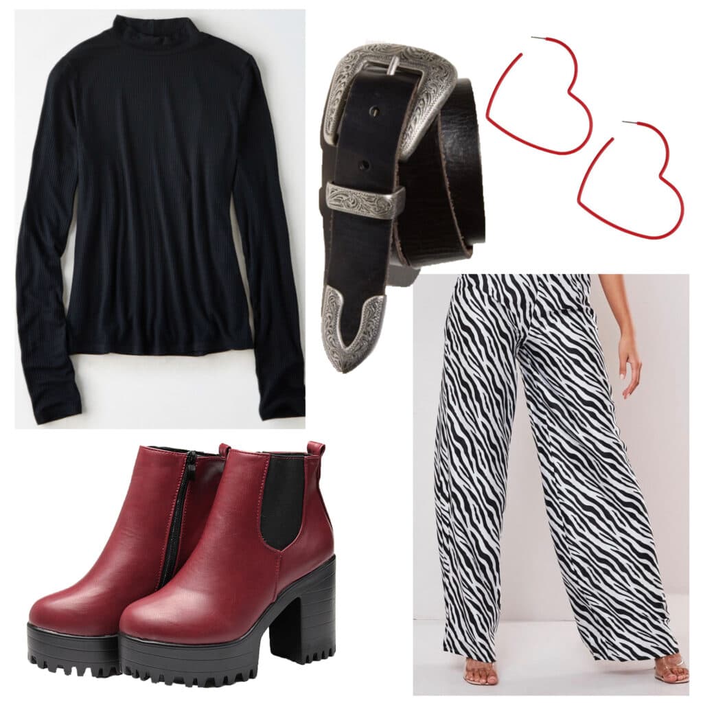 Outfits for fall activities: Going to a museum. Outfit with printed pants, turtleneck sweater, burgundy chunky boots, western belt, heart earrings