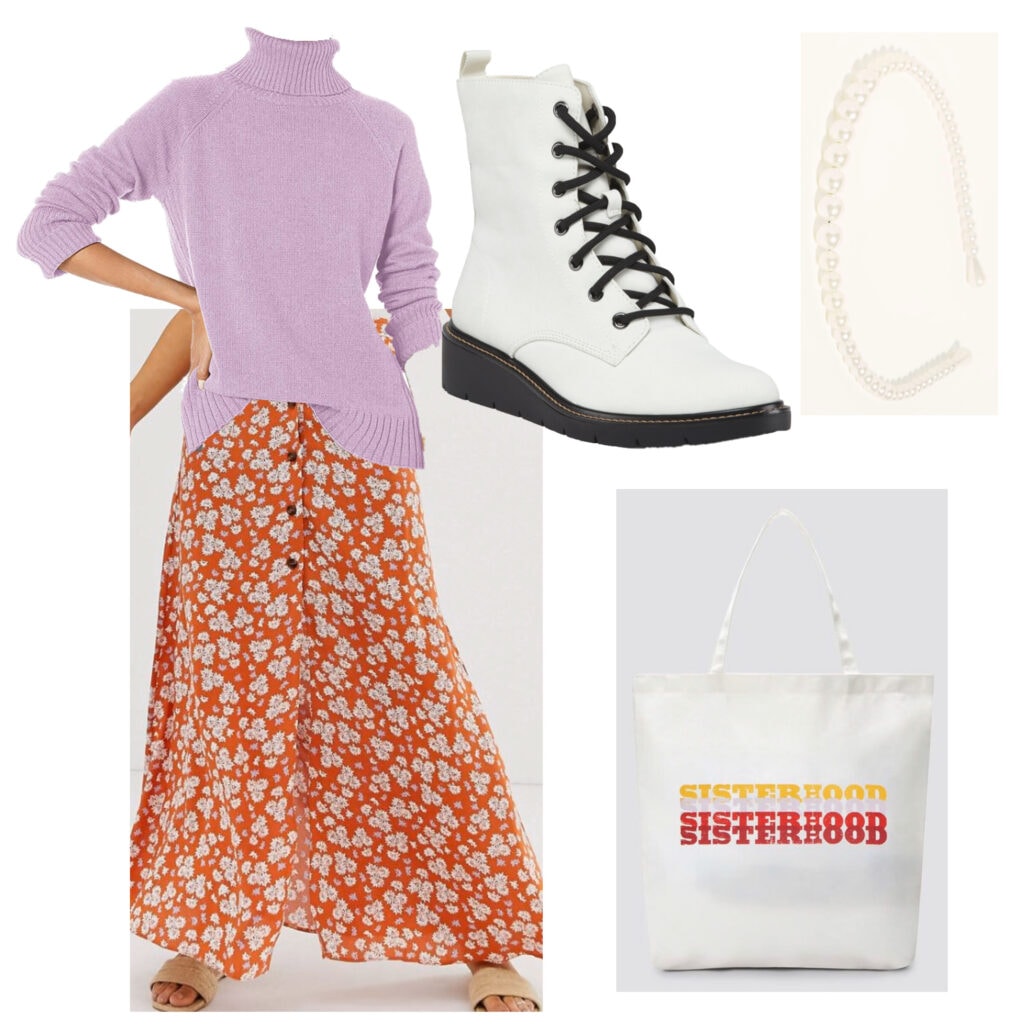 Outfits for fall activities: What to wear apple picking or food festival - outfit with boots, purple turtleneck, printed skirt, tote bag, headband