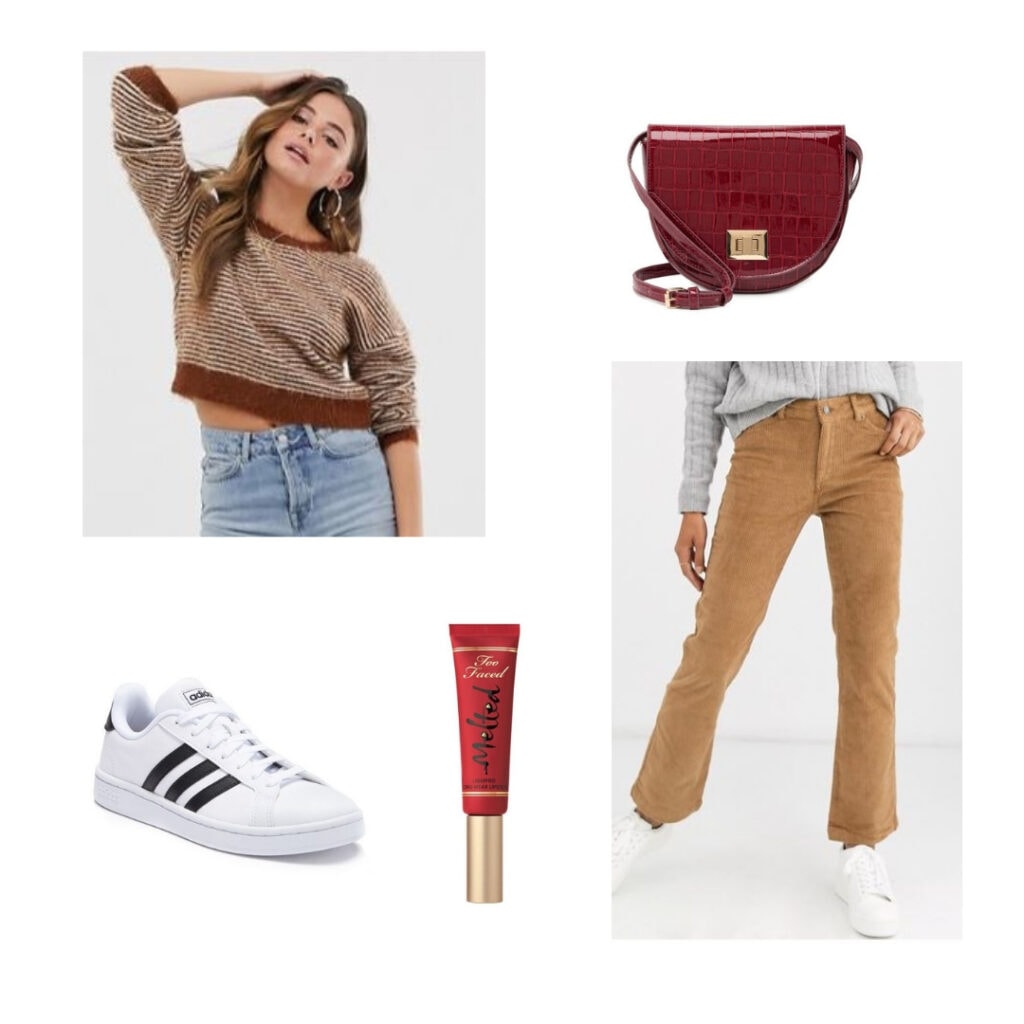 Kit Kat outfit; brown and white sweater, brown pants, red purse, red lipstick, white sneakers.