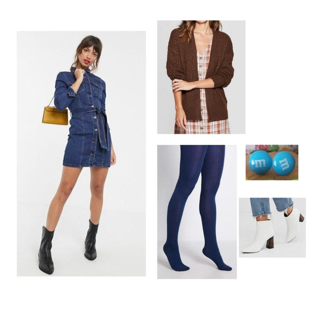 M&M's outfit; blue denim dress, blue tights, brown sweater, white boots, M&M candy earrings.