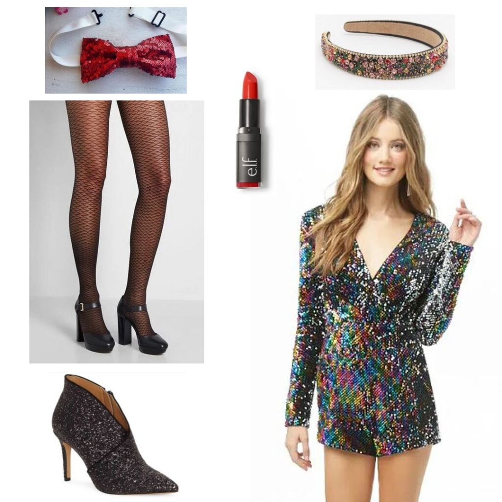 Outfit inspired by Columbia from the Rocky Horror Picture Show: A sequin romper, fishnet tights, sparkly boots, red lipstick, red sequin bow tie, and a sequin headband.