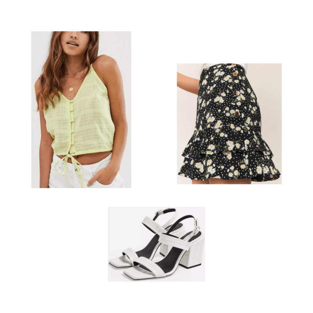 South Korea packing list outfit idea with floral skirt, yellow top, white sandals