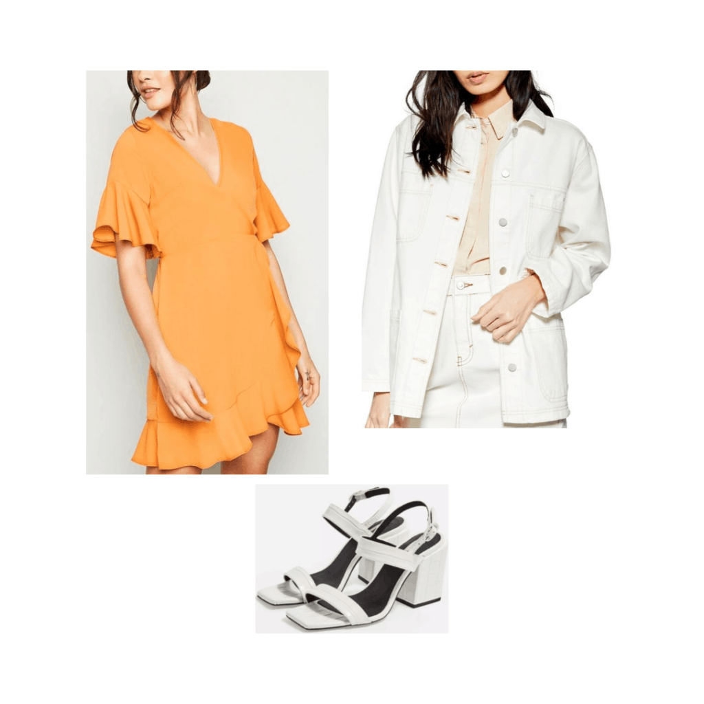 South Korea packing list outfit idea with orange dress, white oversized denim jacket, white sandals