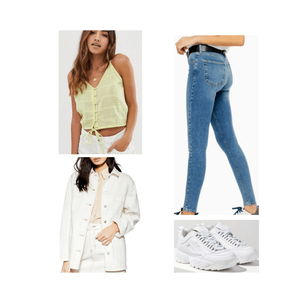 South Korea look for night with jeans, tank, oversized jacket, sneakers