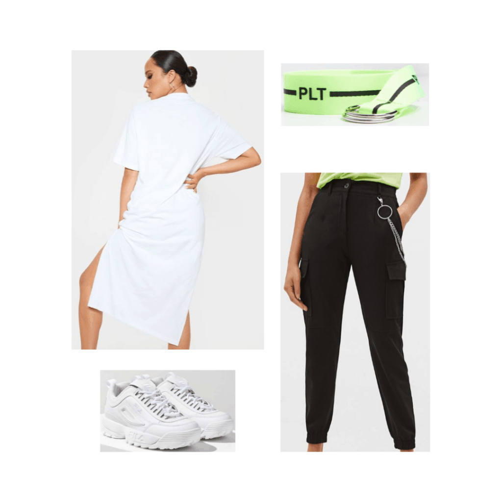 Streetwear inspired outfit for Seoul with white sneakers, black pants, neon belt