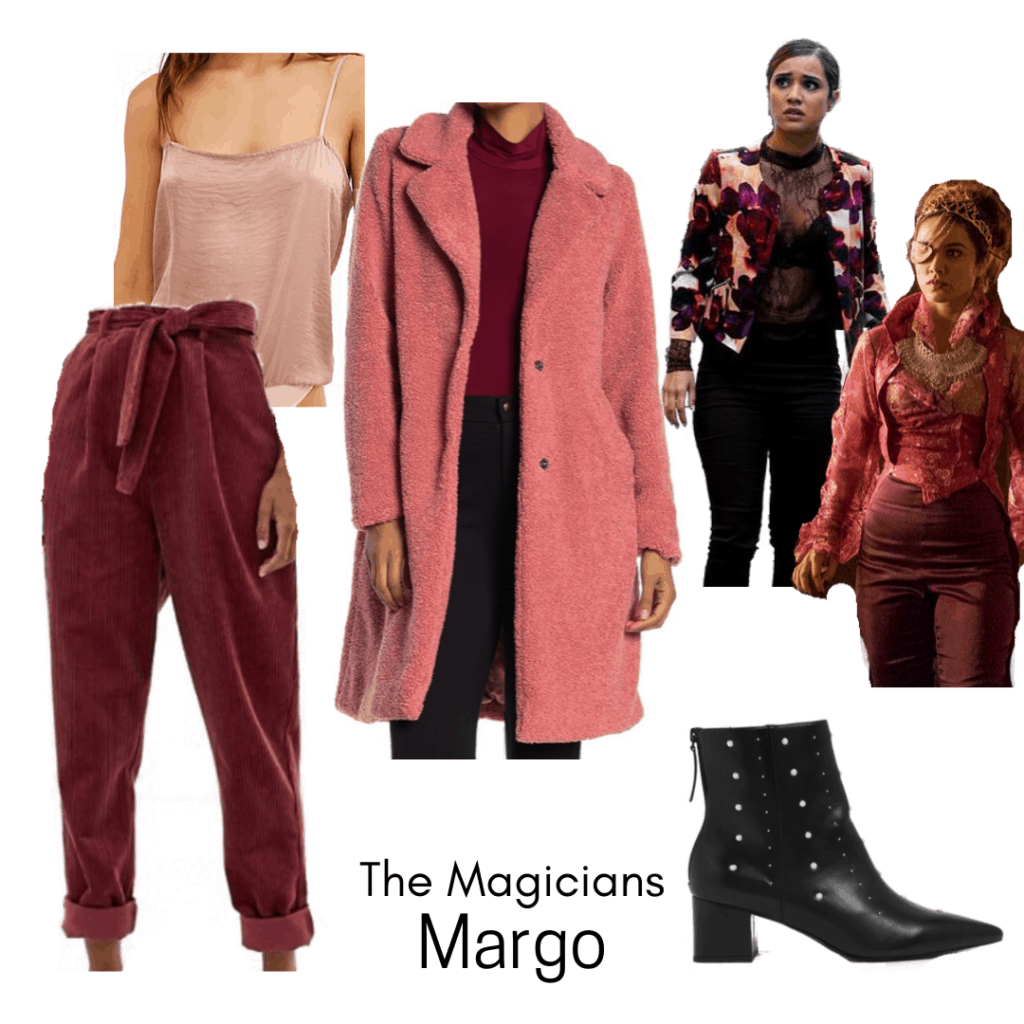 Outfits inspired by the Fantasy genre: Margo from The Magicians Outfit with pink teddy coat, corduroy pants, pink bodysuit, black booties