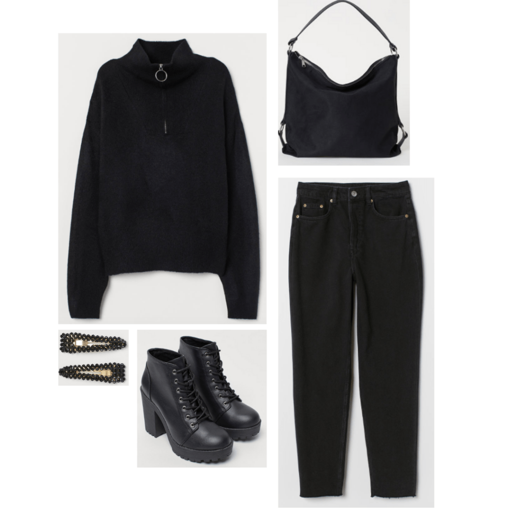 The Breakfast Club fashion - all black outfit inspired by Allison with black zip-up, black jeans, black chunky heel boots, black hair clips