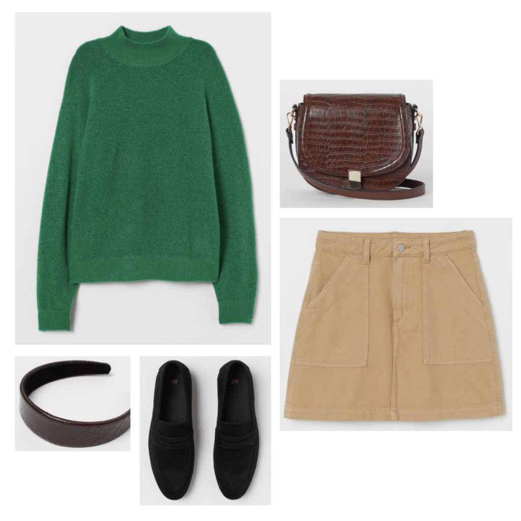 Outfit inspired by The Breakfast Club - green turtleneck sweater, beige skirt, black flats, croc texture bag