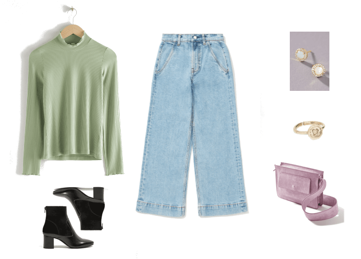 How to wear the pistachio color trend: Outfit with green turtleneck, wide leg jeans, purple bag