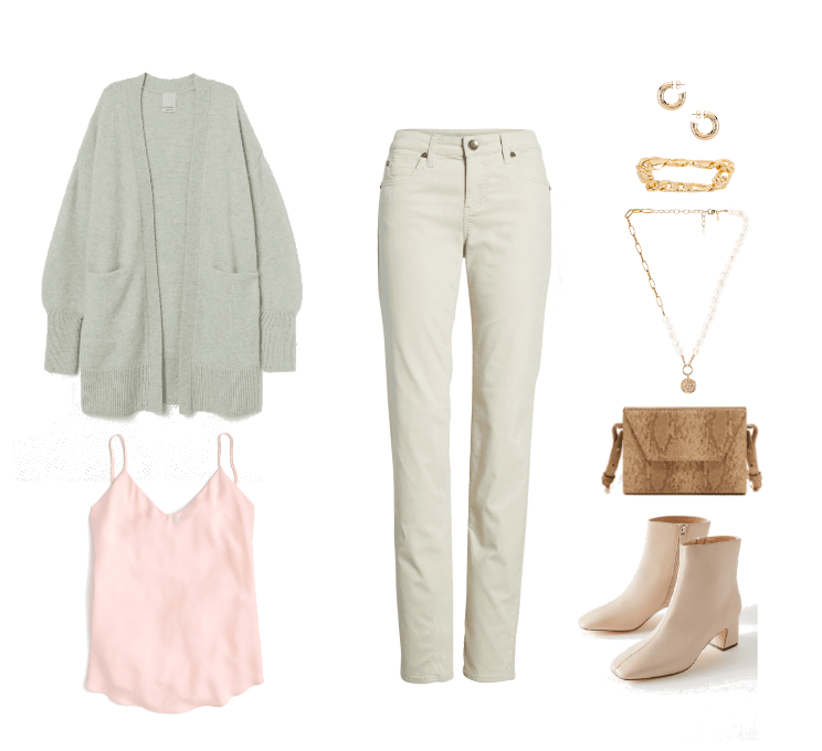 How to wear the pistachio color trend - outfit with green sweater, cream jeans, pink tank, beige ankle boots