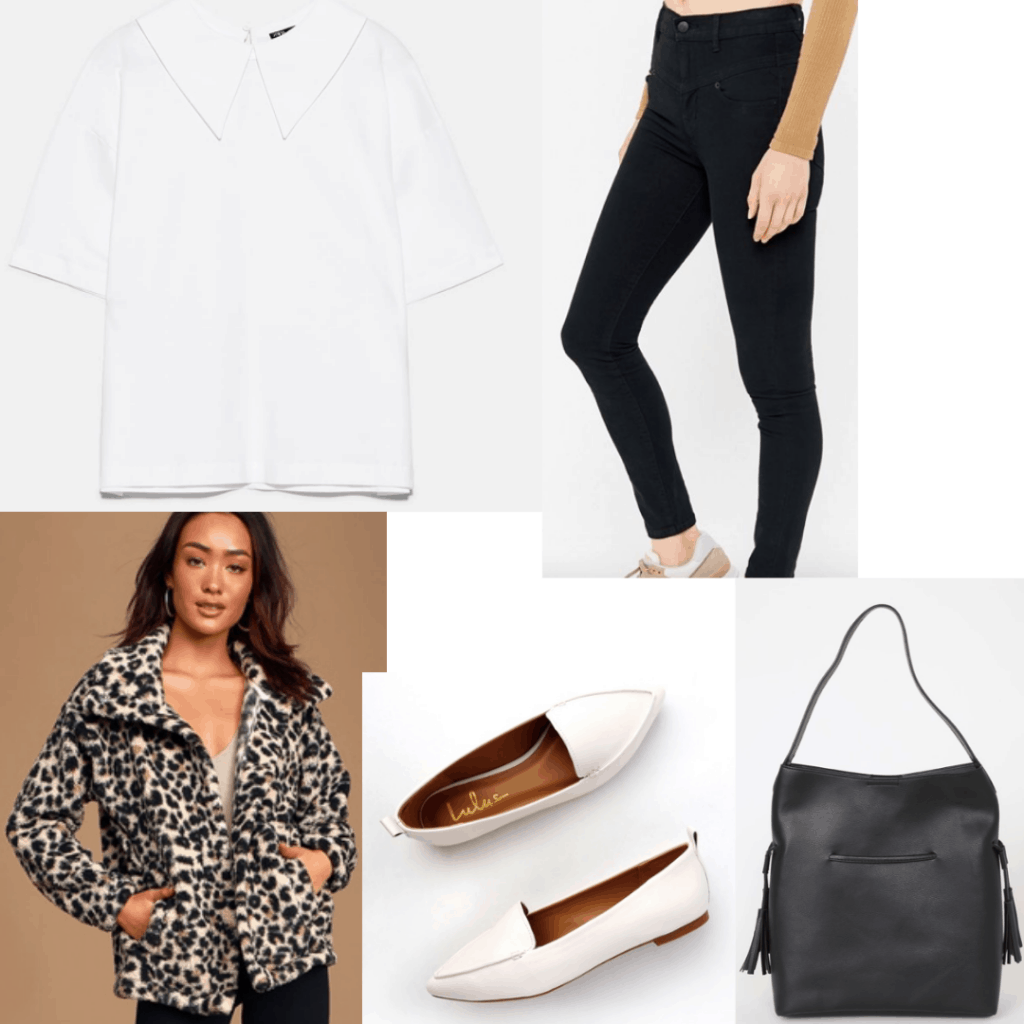 Outfit set with collared white t-shirt, black jeans, cheetah coat, white flats and a black bag. 