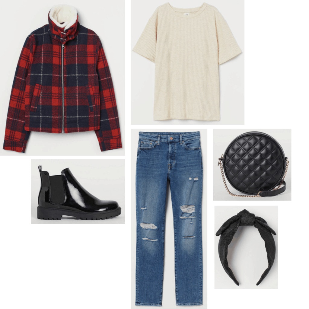 Outfit inspired by Bender from The Breakfast Club with ripped jeans, off white shirt, black accessories, plaid jacket