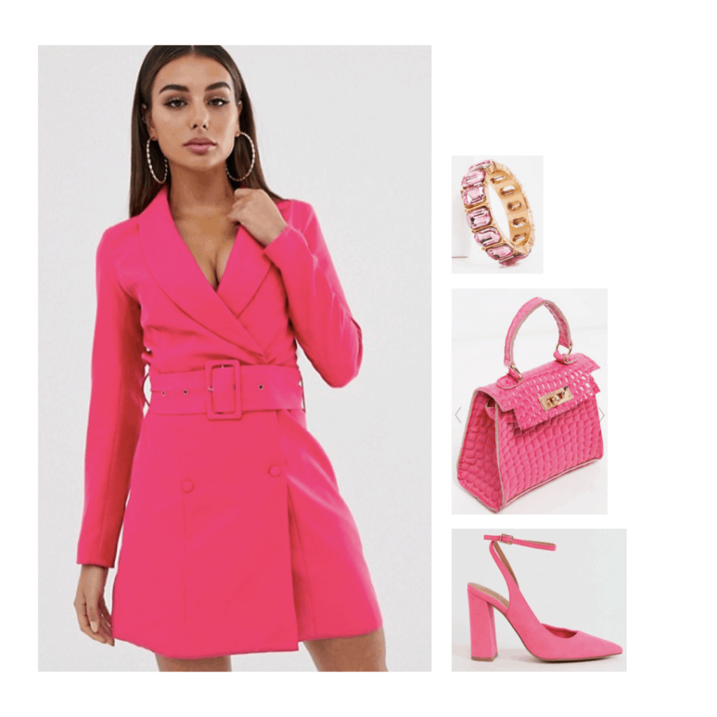 Elle Woods costume with pink dress, pink purse, and pink heels - cute Halloween costumes from movies