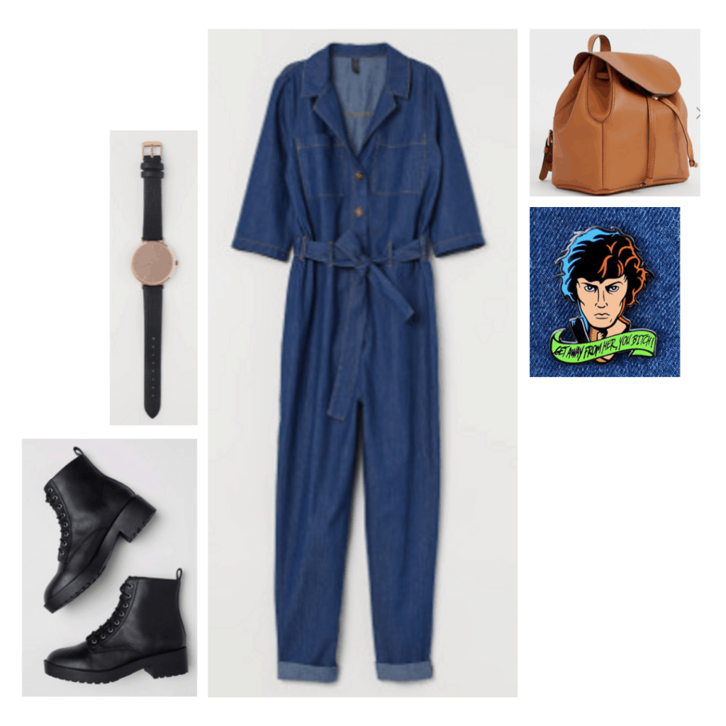 Outfit inspired by Ellen Ripley from Alien with black boots, brown backpack, denim jumpsuit