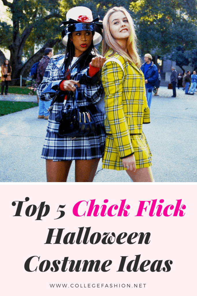 Top 5 girly halloween costume ideas from movies, inspired by chick flicks. Includes Cher from Clueless costume, Elle Woods costume, Heathers costume, Mean Girls costume, and Easy A costume