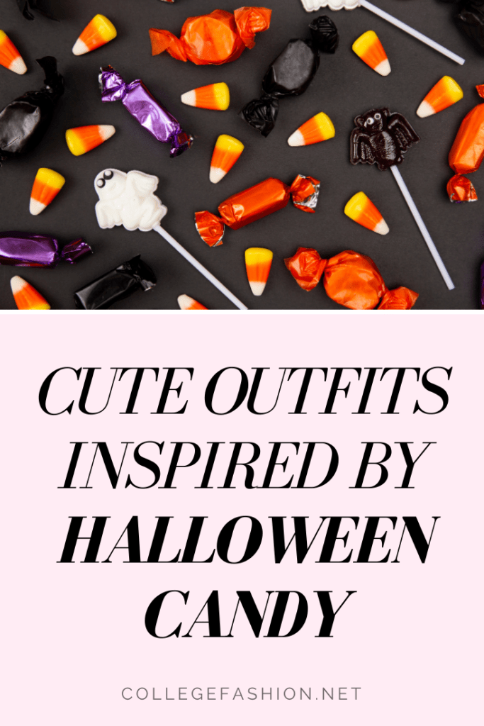 Cute outfits inspired by Halloween candy - candy corn, kit kat, m&ms, and jolly rancher