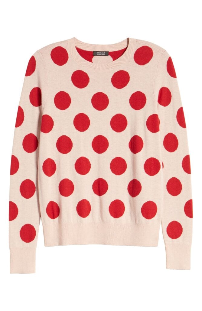 Six Fun Printed Sweaters Guaranteed to Liven Up Your Cold-Weather Wardrobe: Halogen x Atlantic Pacific Red-and-Pale-Pink Polka-Dot Sweater 