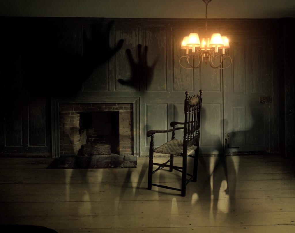 shadows in a dark room with a chandelier and chair 