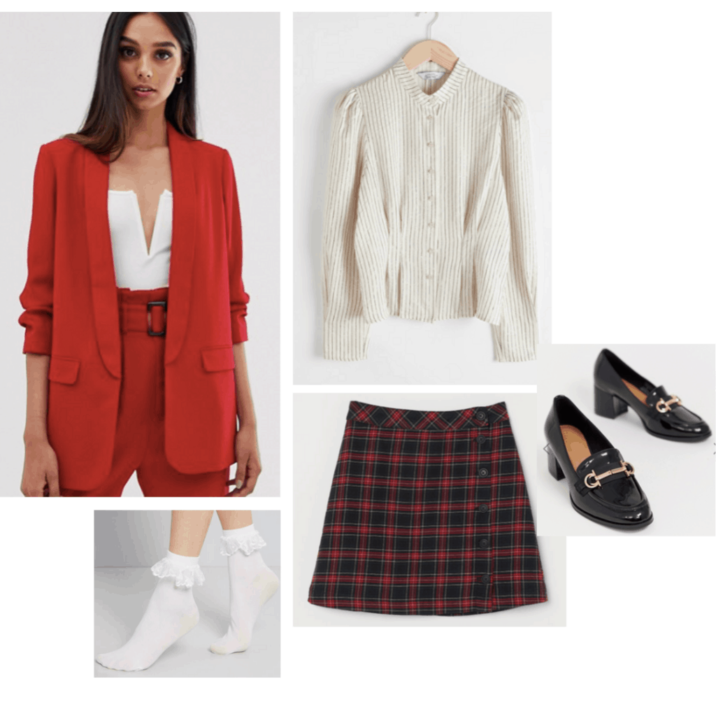 Heathers costume with red blazer, plaid skirt, high heel loafers, blouse, and ruffle socks