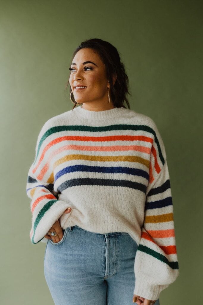 Six Fun Printed Sweaters Guaranteed to Liven Up Your Cold-Weather Wardrobe: Rainbow-Striped Sweater