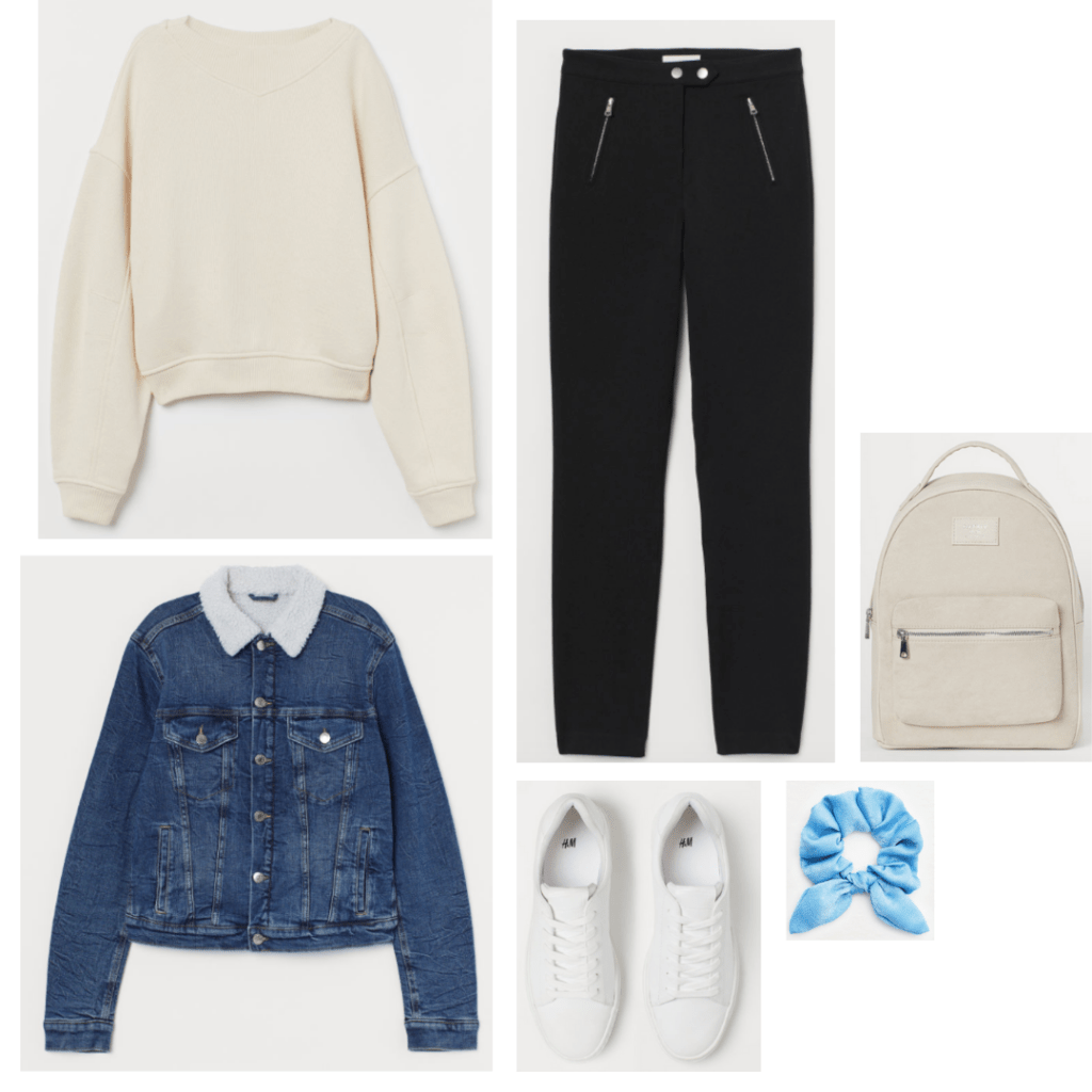 Breakfast Club fashion - outfit inspired by Andrew with beige sweatshirt, zipper jeans, white sneakers, denim jacket, backpack