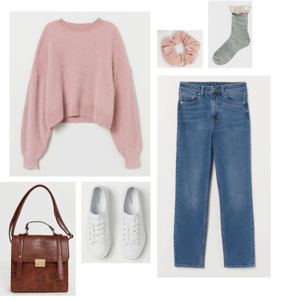 Outfit inspired by Nancy from Nightmare on Elm Street with pink sweater, blue mid rise jeans, white sneakers, scrunchie